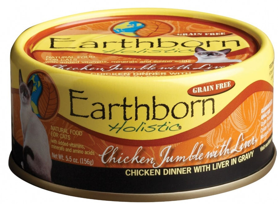 Earthborn Holistic Grain Free Chicken Jumble with Liver Canned Cat Food 5.5oz, Front of can