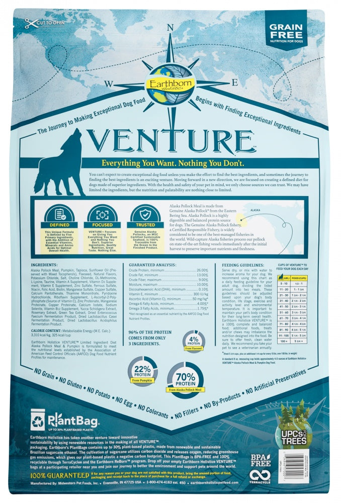 Earthborn Holistic Venture Grain Free Alaska Pollock Meal and Pumpkin Dry Dog Food 25lbs, Back of Bag