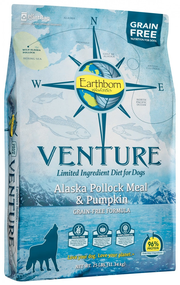 Earthborn Holistic Venture Grain Free Alaska Pollock Meal and Pumpkin Dry Dog Food 25lbs, Front bag