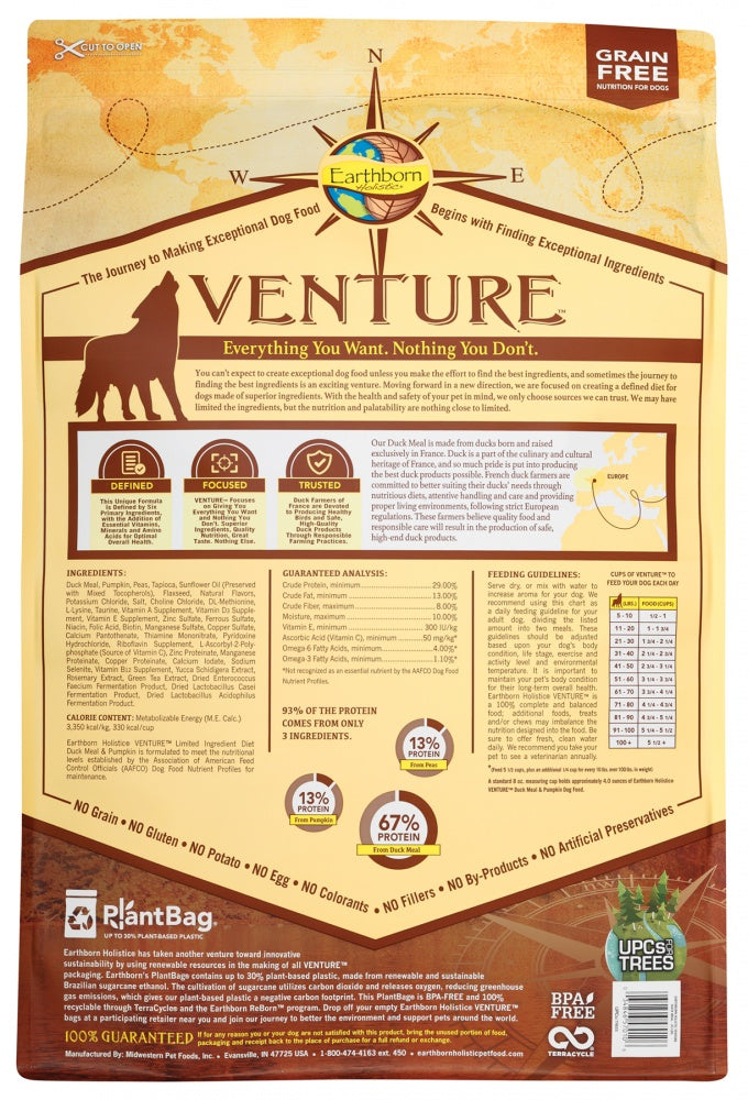 Earthborn Holistic Venture Grain Free Duck Meal and Pumpkin Dry Dog, Food 25lbs, Back of bag