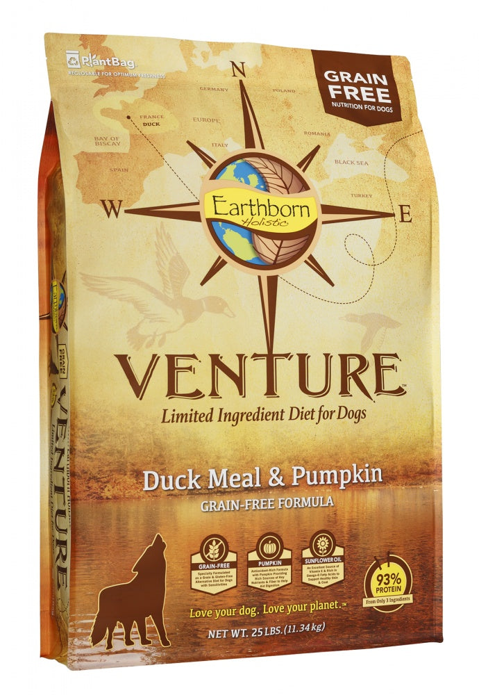 Earthborn Holistic Venture Grain Free Duck Meal and Pumpkin Dry Dog Food 25lbs, Front of Bag