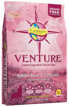 Earthborn Holistic Venture Grain Free Rabbit Meal and Pumpkin Dry Dog Food 25lbs, Front Bag