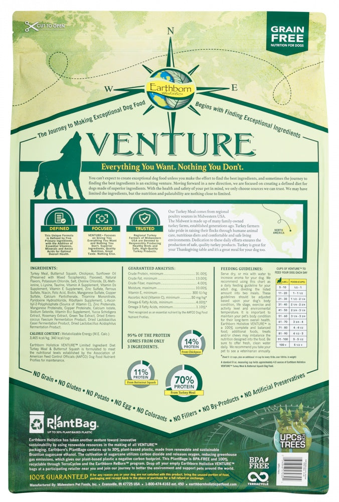 Earthborn Holistic Venture Grain Free Turkey Meal and Butternut Squash Dry Dog Food Back Pouch
