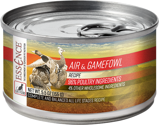 Essence Grain Free Air & Gamefowl Recipe Canned Cat Food, Front Can