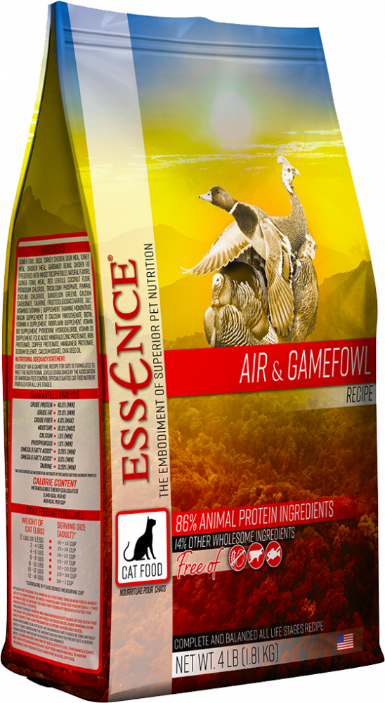 Essence Grain Free Air & Gamefowl Recipe Dry Cat Food 4lb, Side of bag