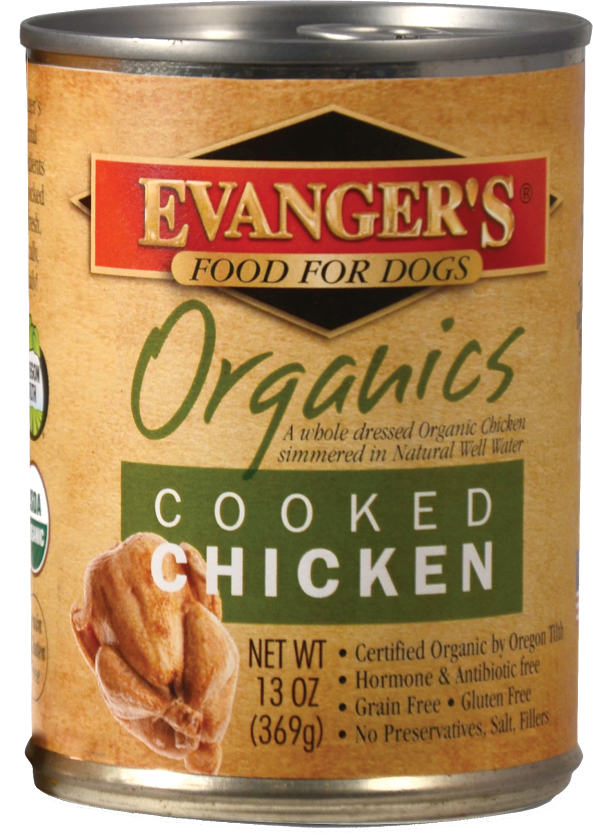 Evangers 100% Organic Cooked Chicken Canned Dog Food 13oz, Front of can