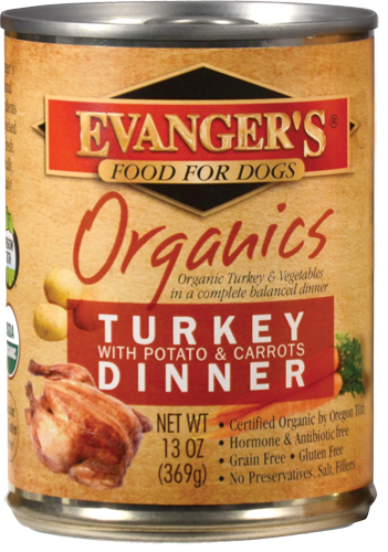 Evangers 100% Organic Turkey with Potato And Carrots Canned Dog Food 13oz, Front of can