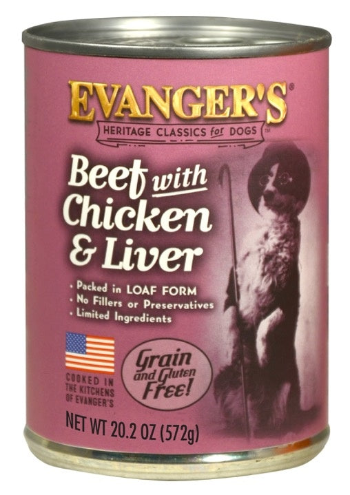 Evangers Classic Beef with Chicken And Liver Canned Dog Food 20oz, Front of can