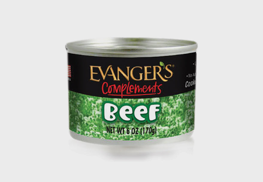 Evanger's Complements Grain Free Beef Canned Dog and Cat Food 6oz, Front Can