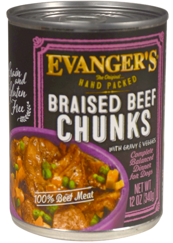 Evanger's Hand Packed Grain Free Braised Beef Chunks with Gravy Canned Dog Food 12oz, Front Can