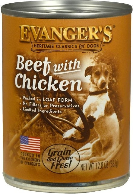 Evangers Beef with Chicken Canned Dog Food 12.8oz, Front Can