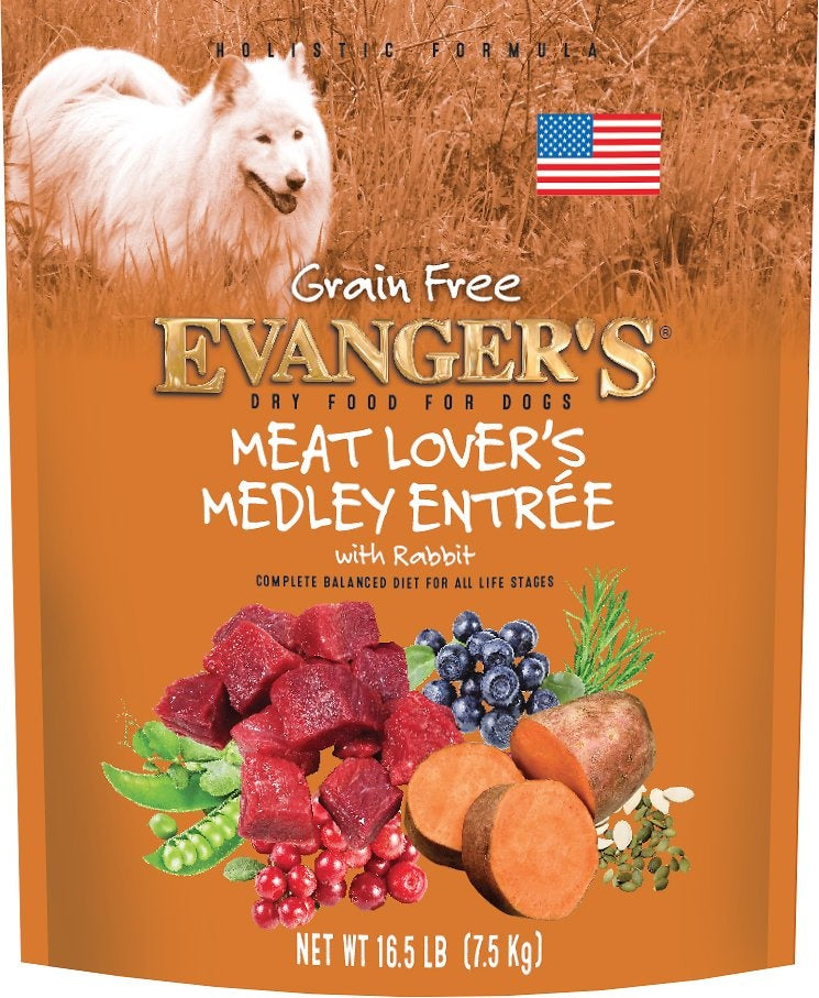 Evangers Grain Free Meat Lover's Medley with Rabbit Dry Dog Food 16.5lb, Front Pouch