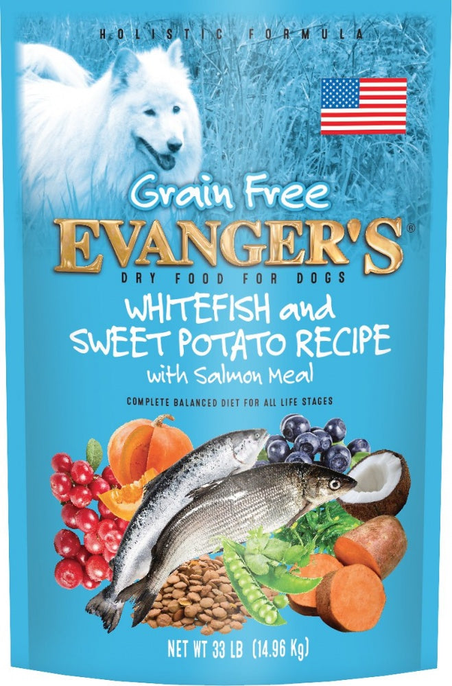 Evangers Grain Free Super Premium Whitefish and Sweet Potato Dry Dog Food 33Lbs, Front Pouch