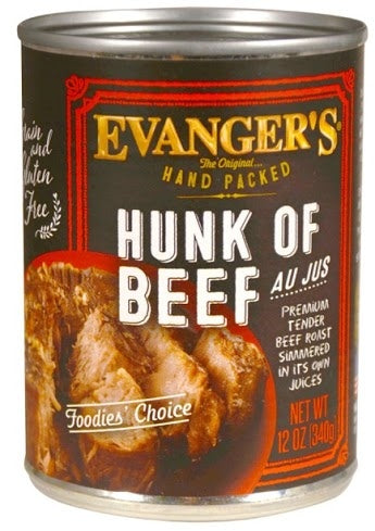 Evangers Hand Packed Hunk of Beef Canned Dog Food 12oz, Front Can