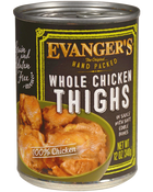 Evangers Super Premium Hand-Packed Whole Chicken Thighs Canned Dog Food 12oz, Front of can