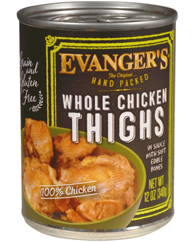 Evangers Super Premium Hand-Packed Whole Chicken Thighs Canned Dog Food 12oz, Front of can