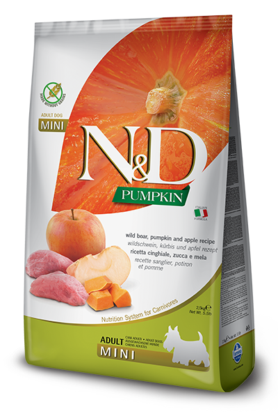 Farmina N&D Natural & Delicious Grain Free Mini Adult Boar, Pumpkin & Apple Adult Dog Dry Food 5.5lb, Side Front Packaging