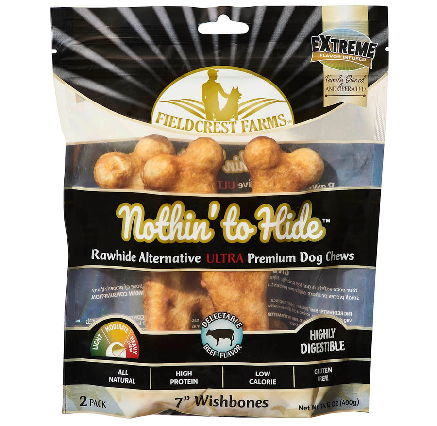 Fieldcrest Nothin’ to Hide Ultra Wishbone Beef 7 Inch Dog Chews 400g, Front Pouch