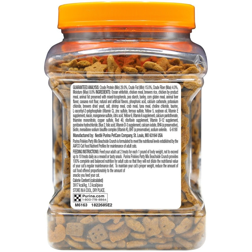 Friskies Party Mix Crunch Beachside Shrimp, Crab and Tuna Cat Treats 20oz, Back Container