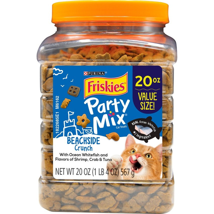 Friskies Party Mix Crunch Beachside Shrimp, Crab and Tuna Cat Treats, 20oz Front Container