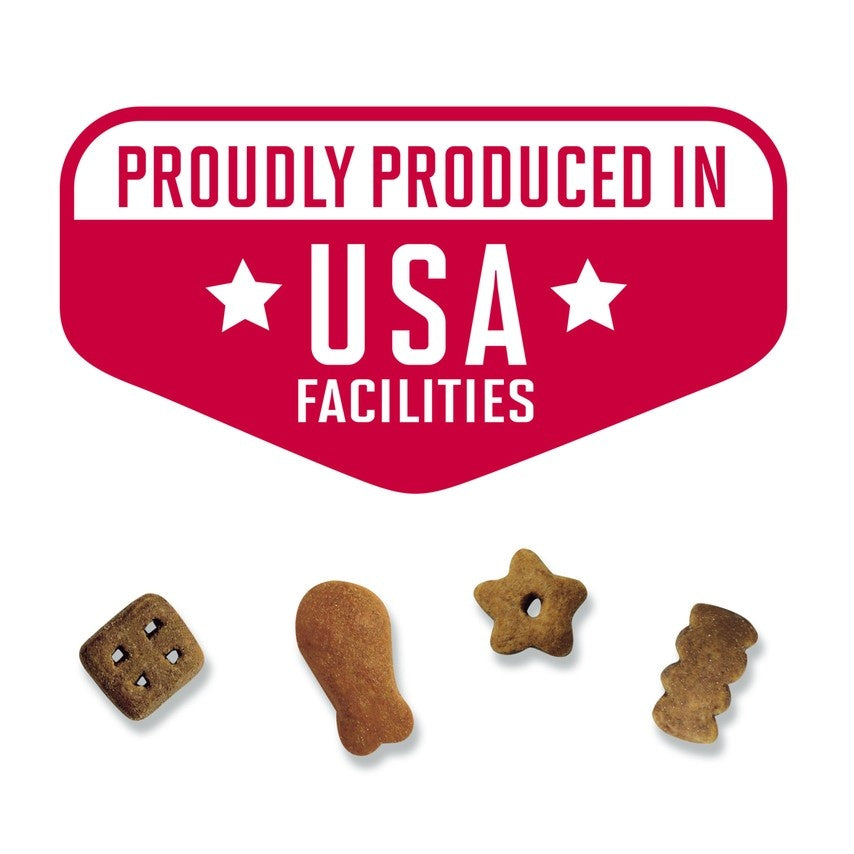 Friskies Party Mix Mixed Grill Crunch Cat Treats, proudly produced in USA facilities