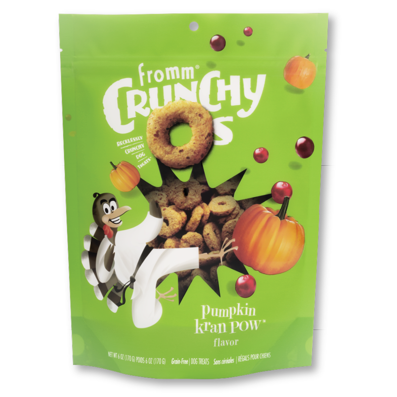 Fromm Crunchy O's Grain Free Pumpkin Kran Pow Dog Treats front of bag.