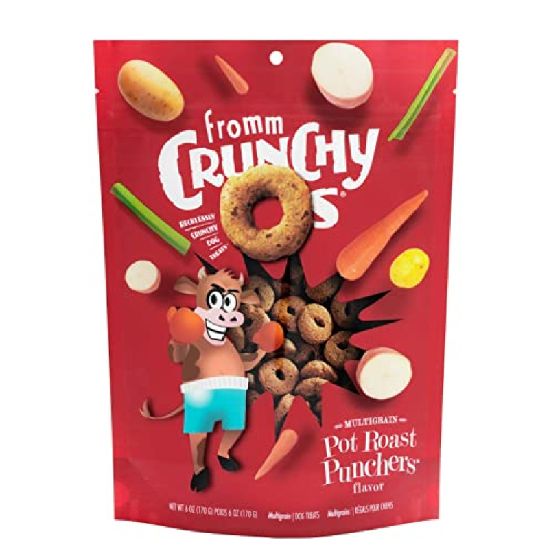 Fromm Crunchy O's Pot Roast Punchers Dog Treats front of bag.
