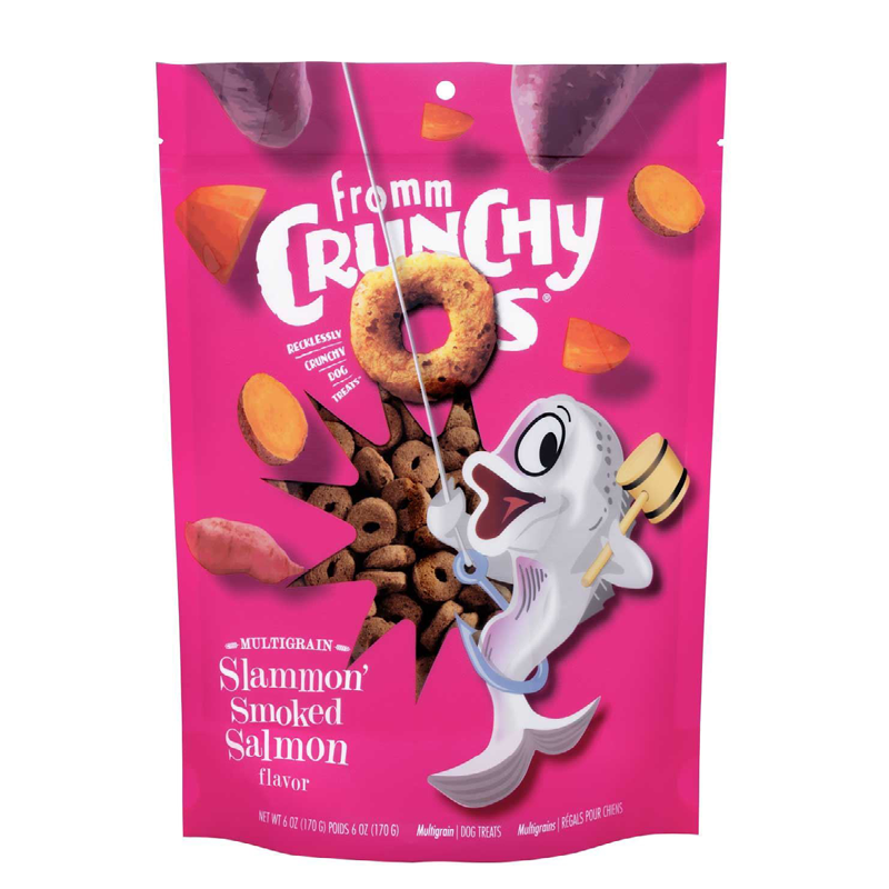 Fromm Crunchy O's Slammin' Salmon Dog Treats front of bag.