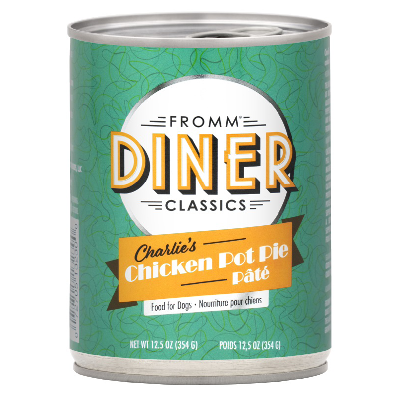 Fromm Diner Classic Charlie's Chicken Pot Pie Pate Canned Dog Food front of can.