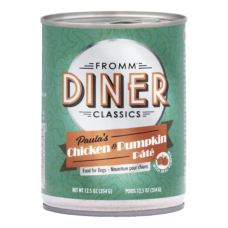 Fromm Diner Classics Paula's Chicken & Pumpkin Pate Canned Wet Dog Food front of can.
