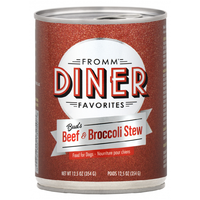 Fromm Diner Favorites Bud's Beef & Broccoli Stew Canned Dog Food front of can.
