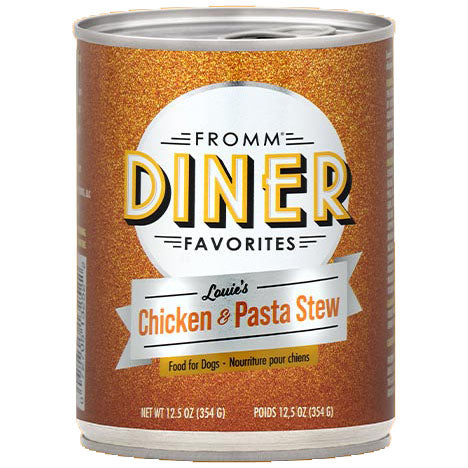 Fromm Diner Favorites Louie's Chicken & Pasta Stew Canned Dog Food front of can.