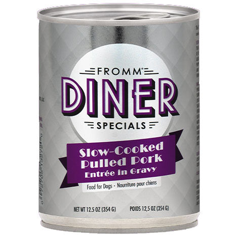 Fromm Diner Specials Slow Cooked Pull Pork Canned Dog Food front of can.