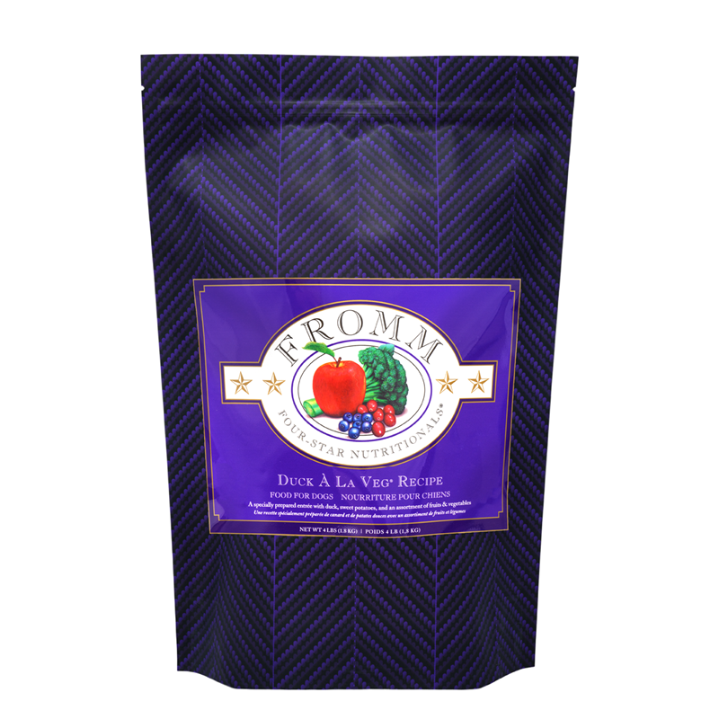 Fromm Four-Star Nutritionals Duck Ã La Veg Recipe Food for Dogs front of bag.