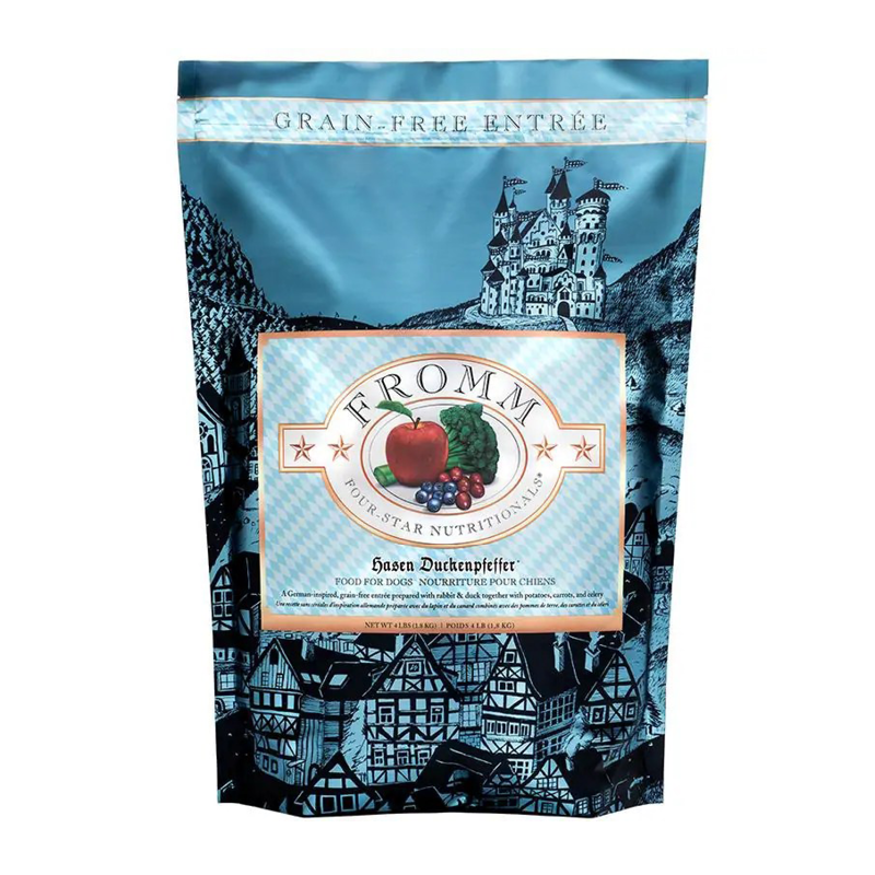 Fromm Four-Star Nutritionals Hasen Duckenpfeffer Food for Dogs front of bag.