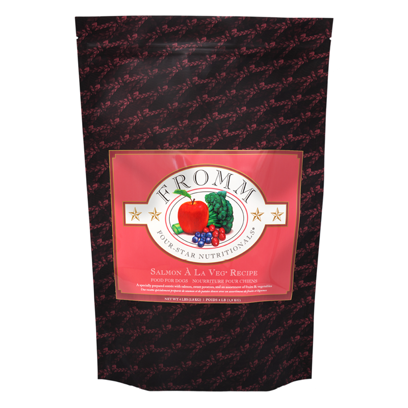 Fromm Four-Star Nutritionals Salmon Ã La Veg Food for Dogs front of bag.