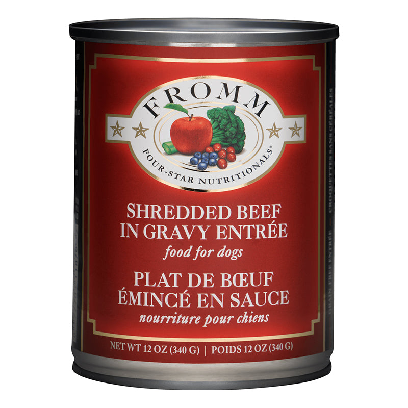 Fromm Four-Star Nutritionals Shredded Beef in Gravy Entree Wet Food for Dogs front of can.