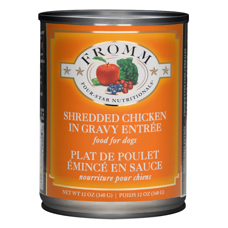 Fromm Four-Star Nutritionals Shredded Chicken in Gravy Entree Food for Dogs front of can.