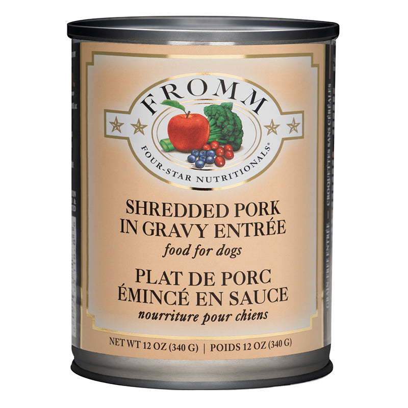 Fromm Four-Star Nutritionals Shredded Pork in Gravy Entree Food for Dogs front of can.