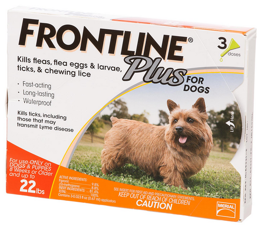 Frontline Plus for Small Dogs and Puppies 22lbs, Front Box