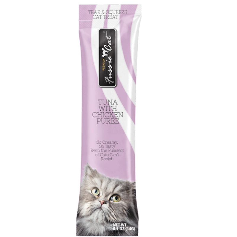 Fussie Cat Puree Tuna & Chicken Cat Treat 14g, Front Tube