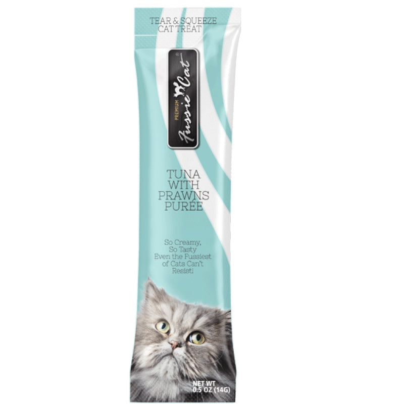 Fussie Cat Puree Tuna & Prawn Cat Treat 14g, Front Tube