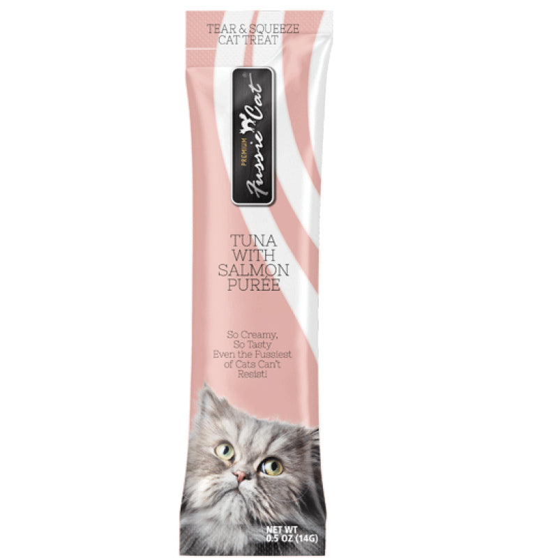 Fussie Cat Puree Tuna & Salmon Cat Treat 14g, Front Tube