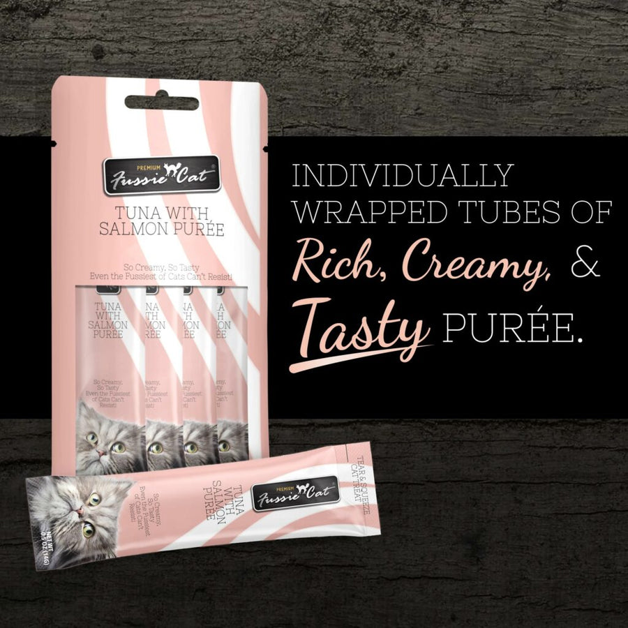 Fussie Cat Puree Tuna & Salmon Cat Treat 14g,  individually wrapped tubes of rich, creamy and tasty puree