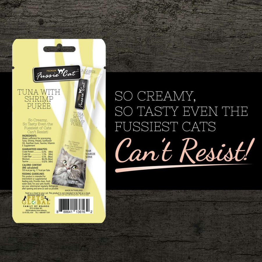 Fussie Cat Puree Tuna & Shrimp Cat Treat 14g, so creamy, so tasty even the fussiest cats can't resist