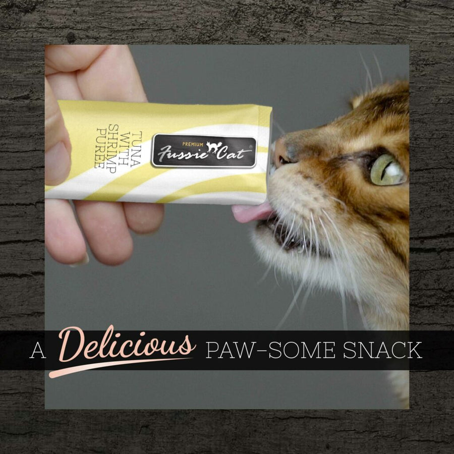 Fussie Cat Puree Tuna & Shrimp Cat Treat 14g, delicious paw-some snack