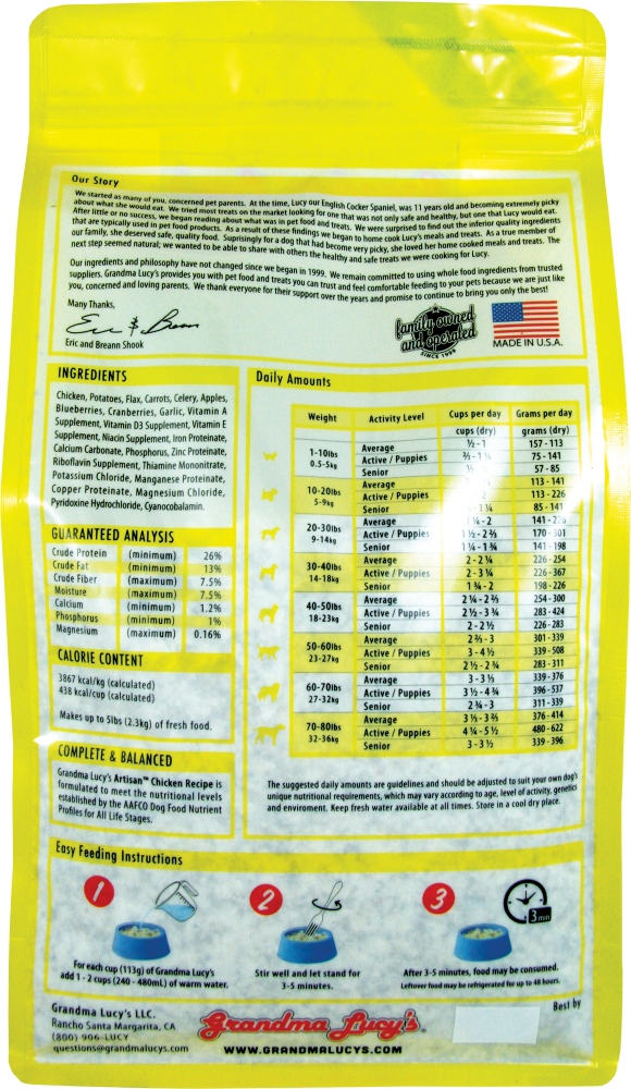 Grandma Lucy's Artisan Grain Free Chicken Freeze Dried Dog Food 50lbs, Back Bag
