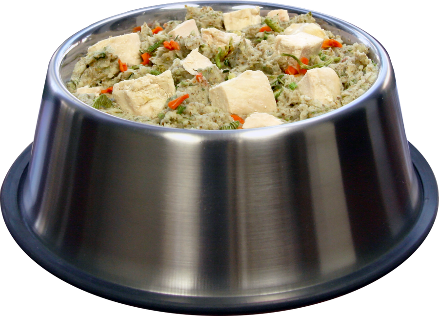 Grandma Lucy's Artisan Grain Free Chicken Freeze Dried Dog Food, in a silver food bowl