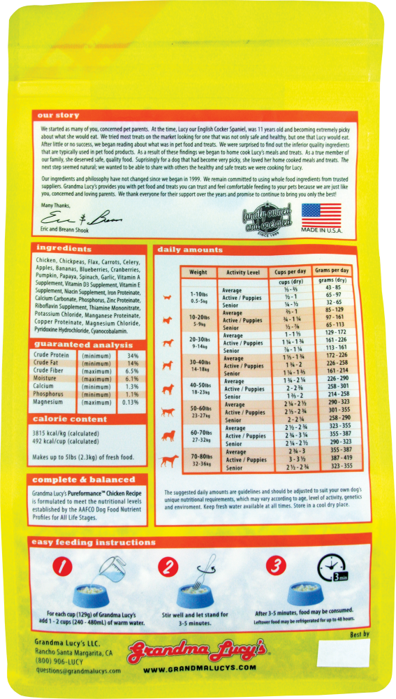 Grandma Lucy's Pureformance Chicken and Chickpea Freeze Dried Grain Free Dog Food,  46lbs Back Bag