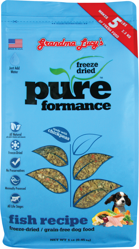 Grandma Lucy's Pureformance Fish Recipe Freeze Dried Grain Free Dog Food 1lb, Front of Bag
